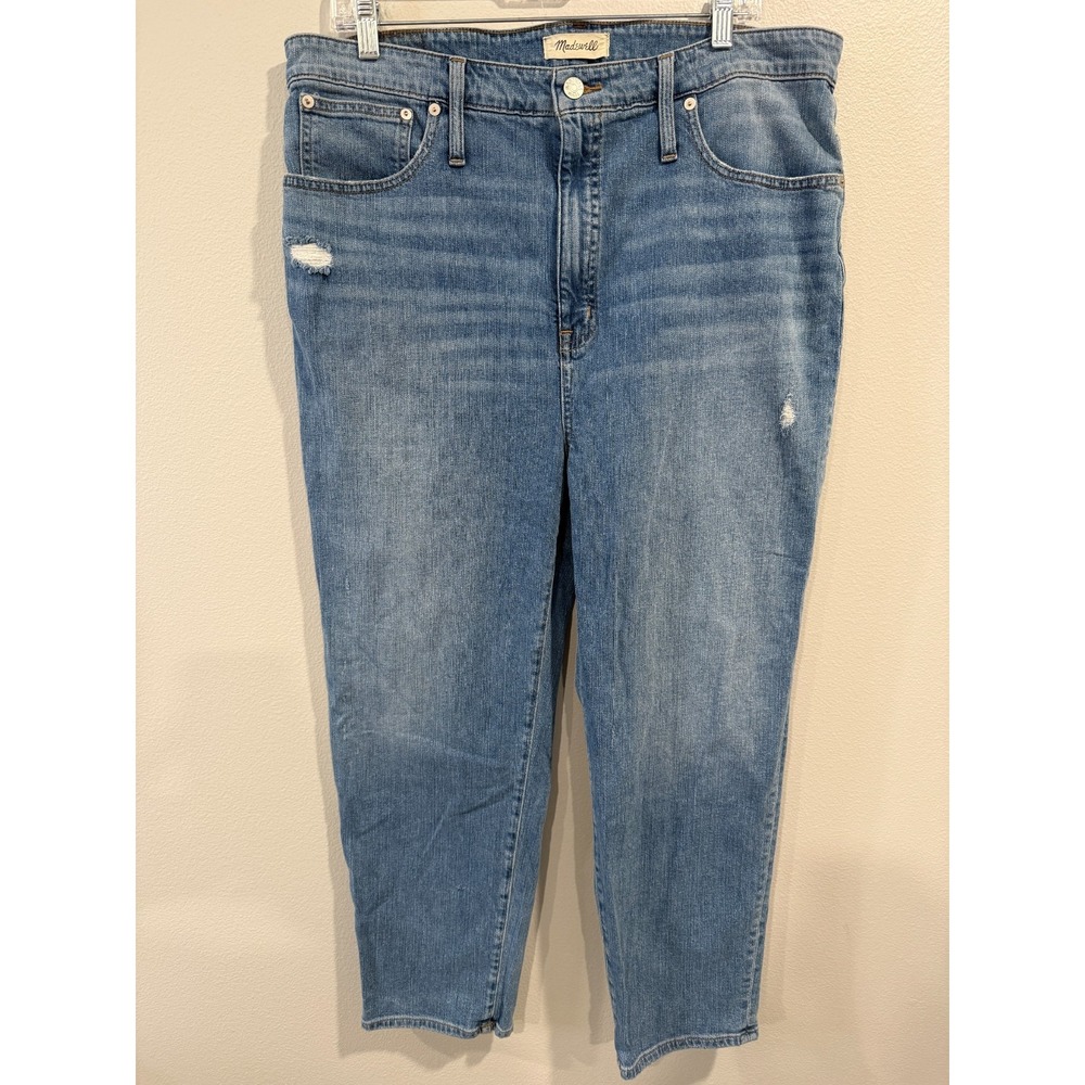 Madewell Classic Straight Jeans Womens Size 34 Blue Denim Distressed Medium Wash